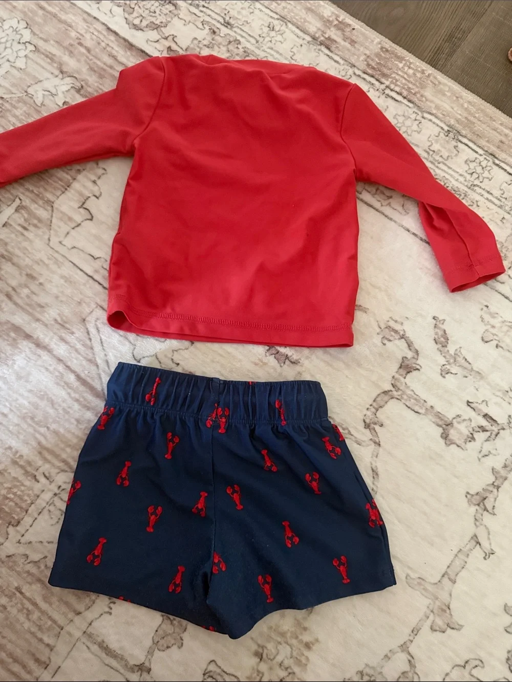 Carters Red Rash Guard Top & Navy Lobster Swim Shorts Set